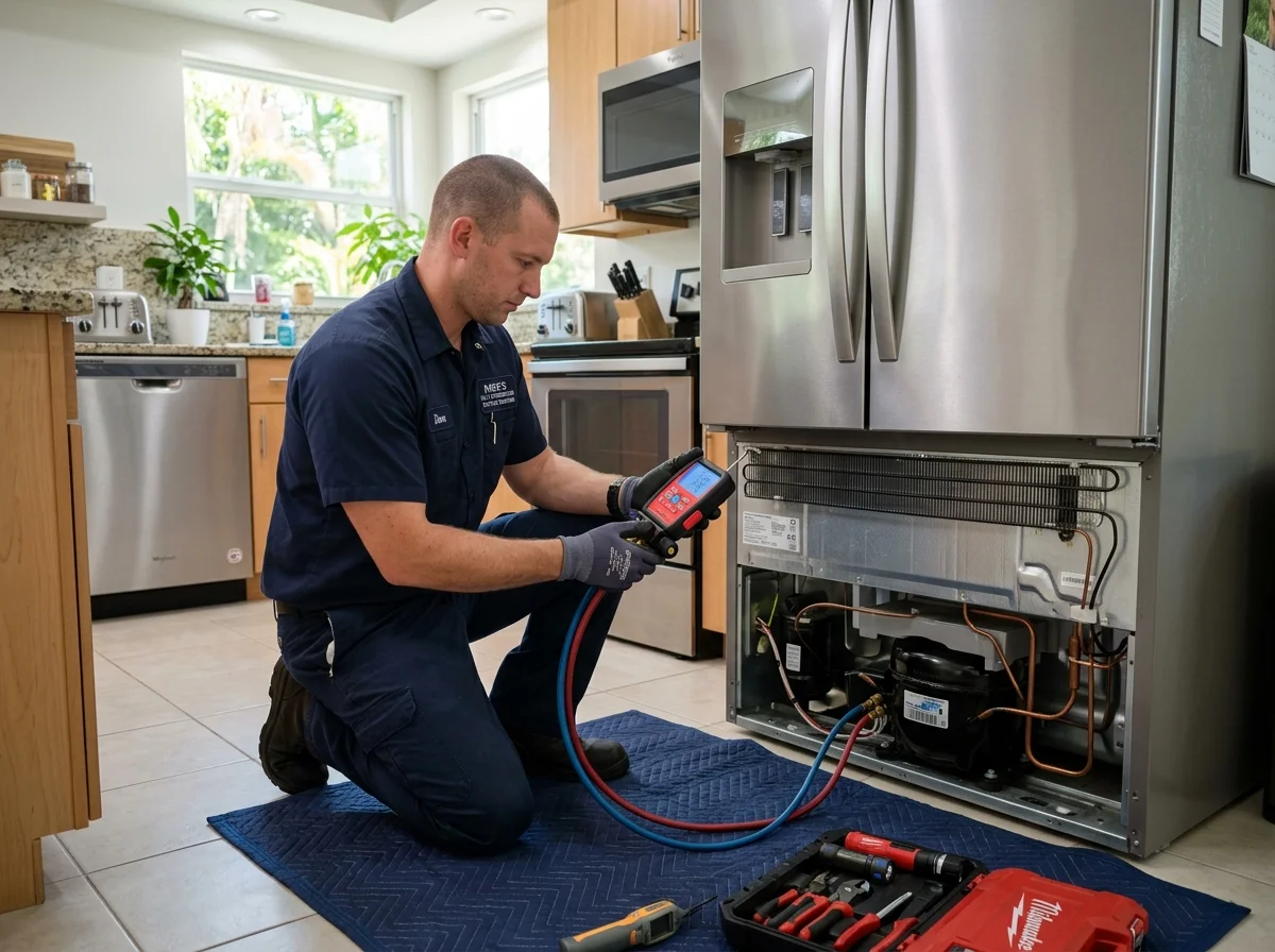 EPA certified technician replacing refrigerator compressor with manifold gauges