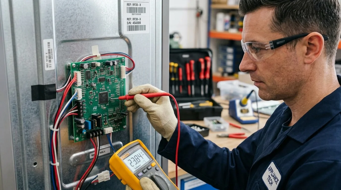 Appliance repair technician testing electrical components with digital multimeter for transparent pricing