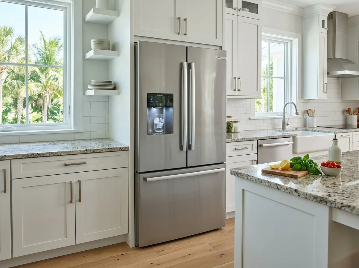 Modern French-door refrigerator digital display panel showing diagnostic service codes in Clearwater kitchen