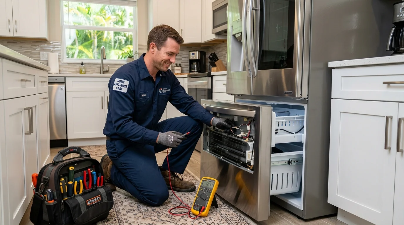 Certified Clearwater Refrigerator Pro technician testing French-door refrigerator