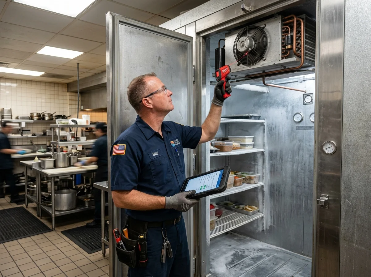 Commercial refrigeration technician inspecting walk-in cooler evaporator