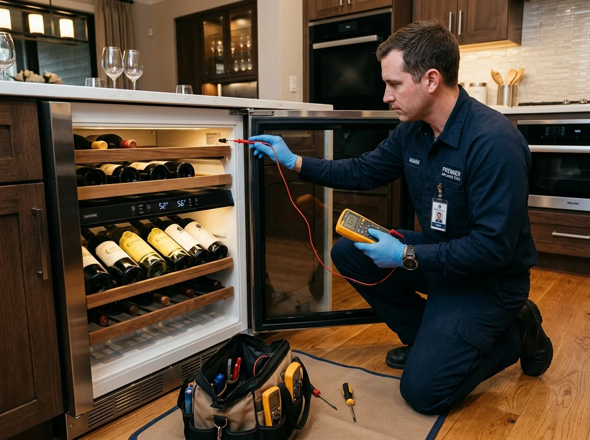 Technician clearing clogged defrost drain under crisper drawers